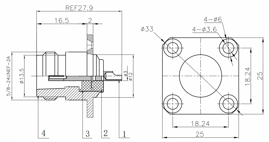 product n kf connector four hole square plate flange female n type connector-4