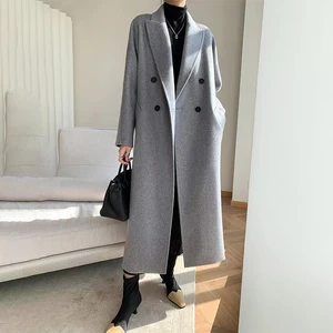 Women's 100% Cashmere Solid Color Warm Thick Long Overcoat Double-breasted Handsome Versatile Casual Coat for Women