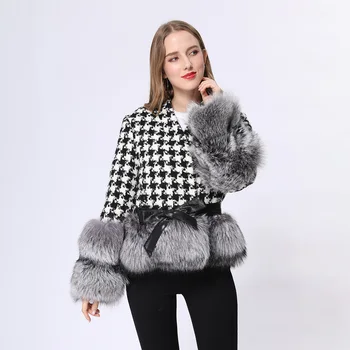 Ladies short winter fall coat womens trendy black plaid long sleeves slim fox fur tweed jacket