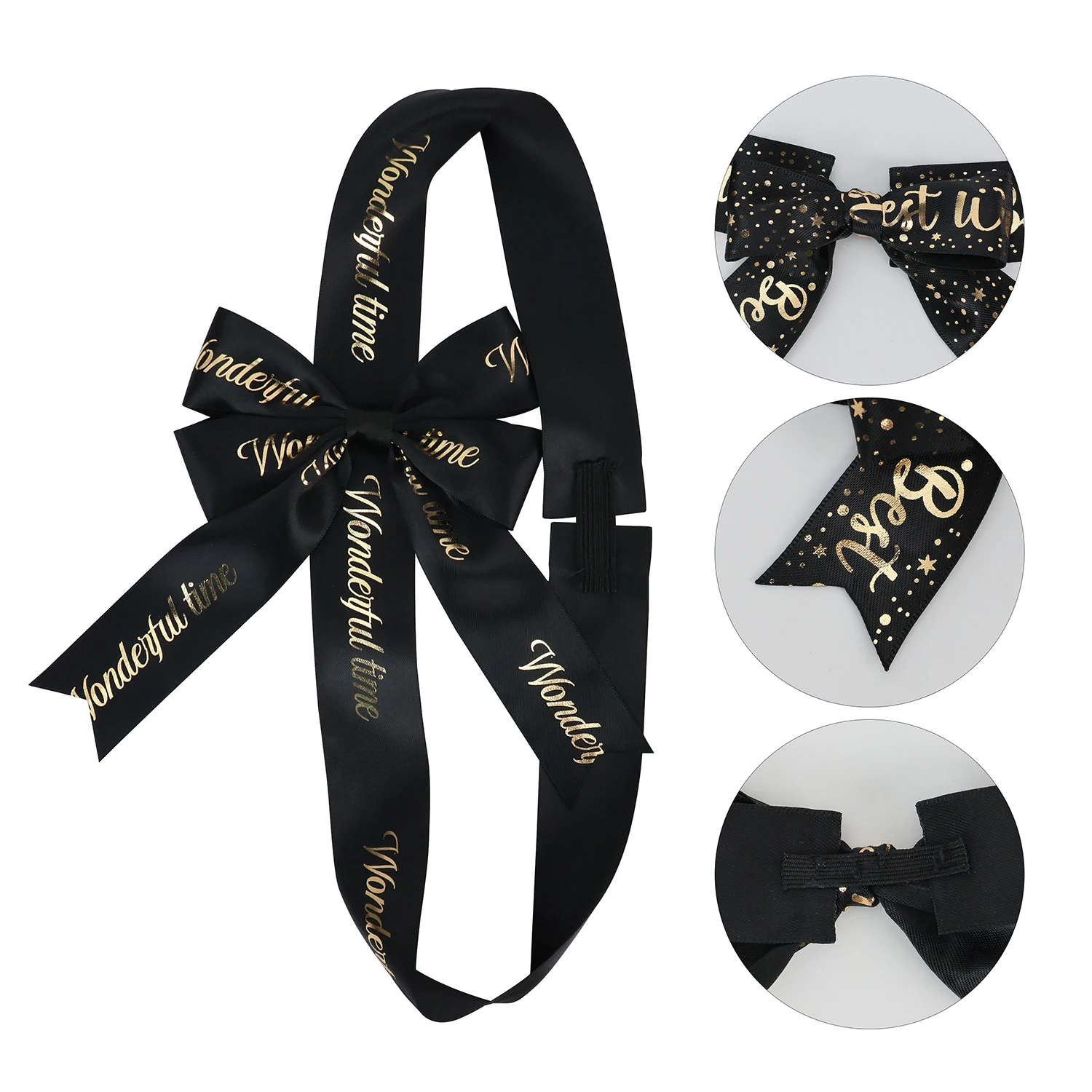 High Quality Custom Printed Box Decoration Pre-tied Elastic Satin Black Ribbon Bow With Logo for Gift Box