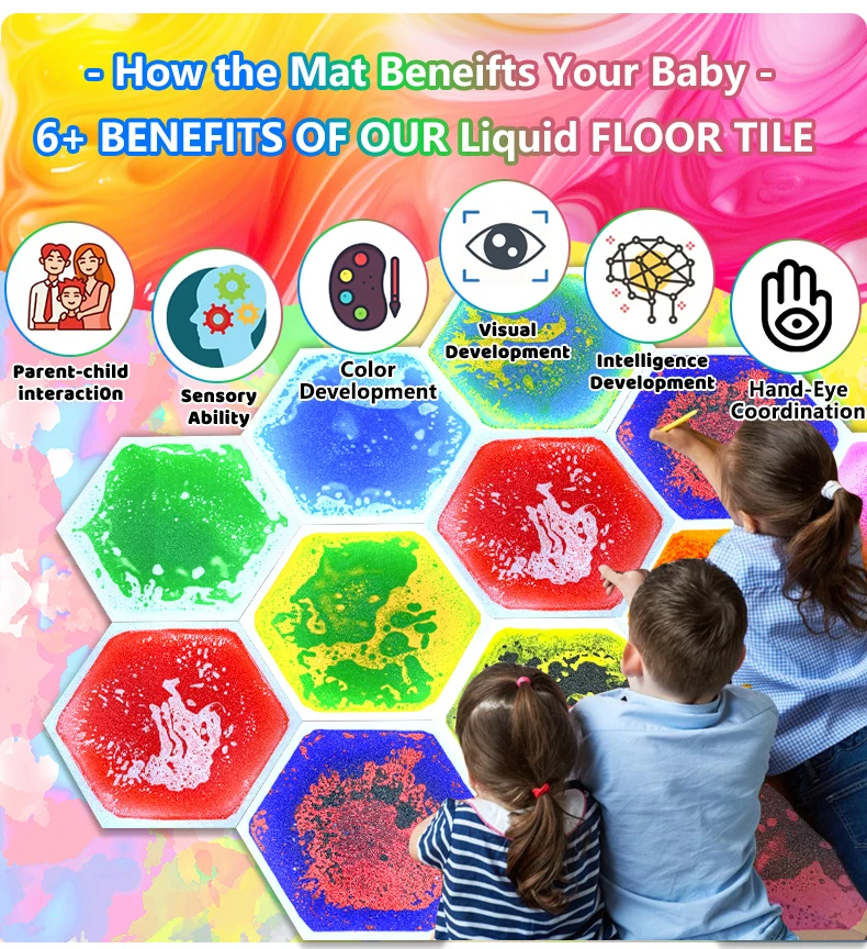 33/50CM 4 PC Sensory Mats Non-Slip Honeycomb Shape Color  Hexagonal Liquid Floor Tiles for Children details