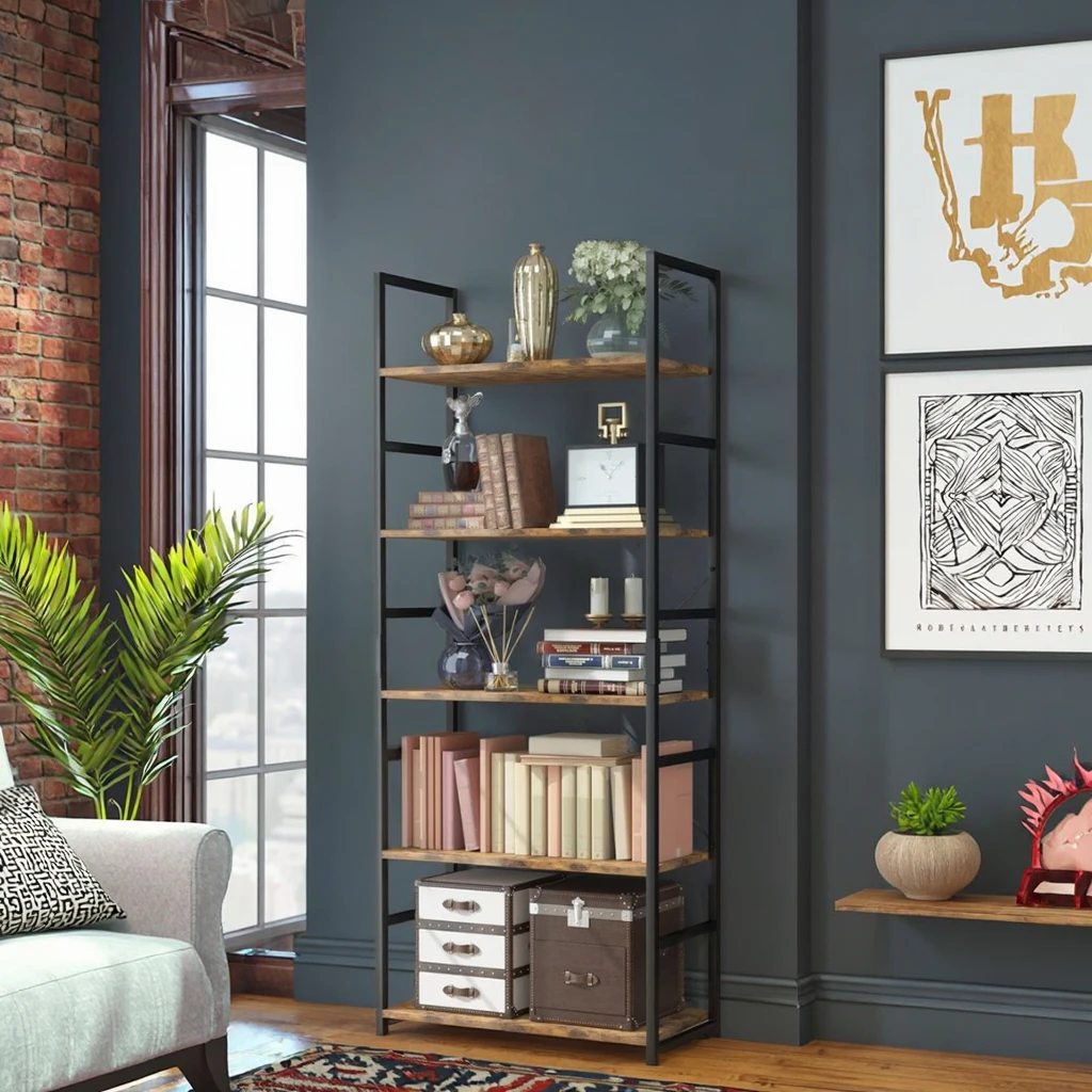 Tall Bookcase Shelf Storage Organizer, Wooden Book Shelf for Bedroom, Living Room and Home Office, Vintage Design,Waterproof
