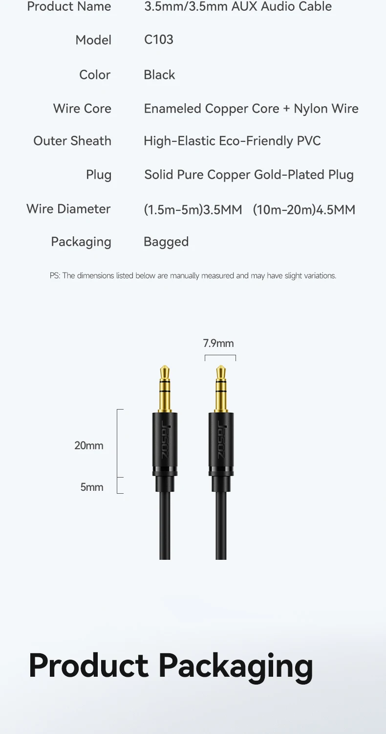 Jasoz 2M AUX 3.5mm Cable Black 5 Meters Male Plug Jack 29AWG for Headphones Car Projector Speaker Camera Microphone