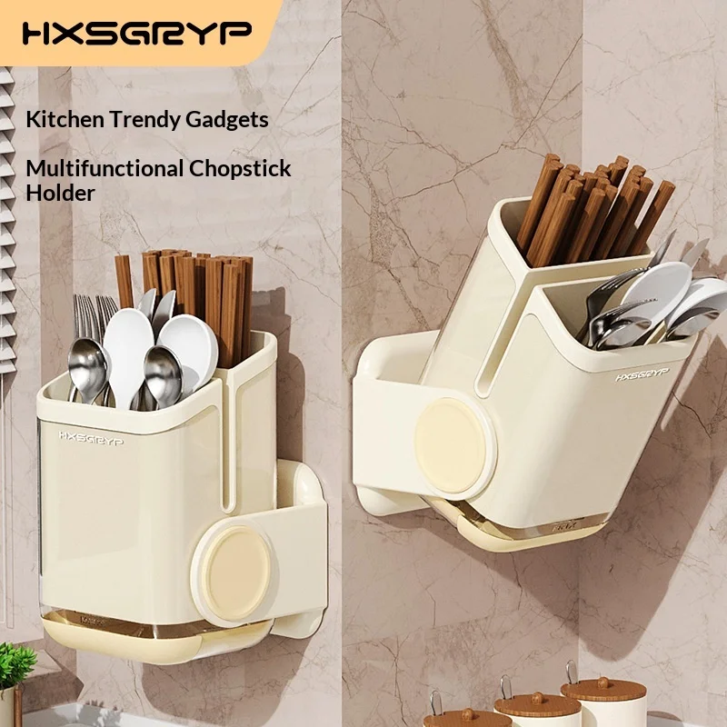 Plastic Kitchen Wall-mounted Punch-free Non-folding Chopsticks Holder Rotatable Design Dual-Purpose Storage Rack for Countertop