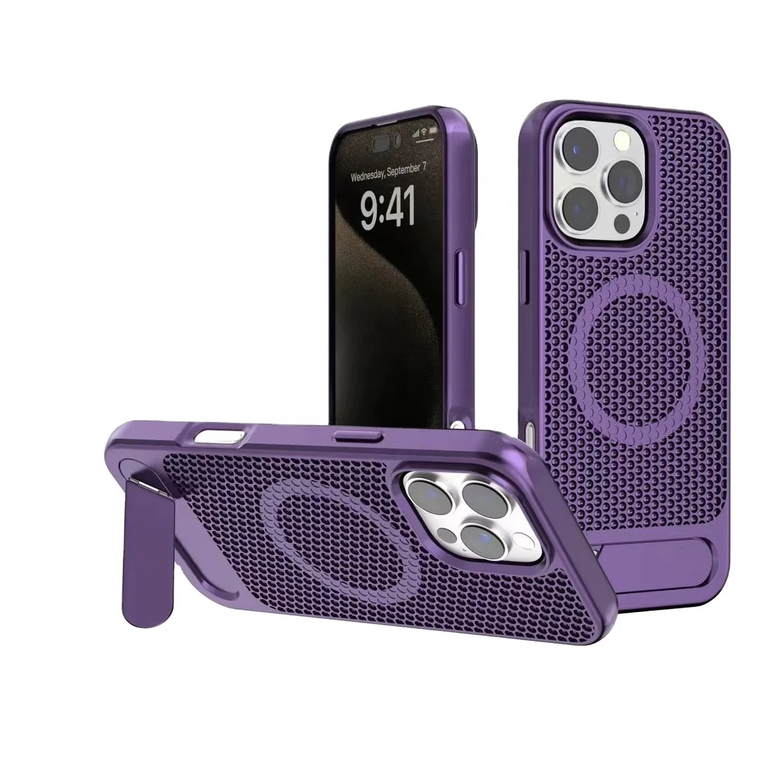 Custom Phone Case Manufacture 2024 Heat Dissipation Metallic Metal Kickstand Phone Case Shockproof Cover for iPhone 16 Case