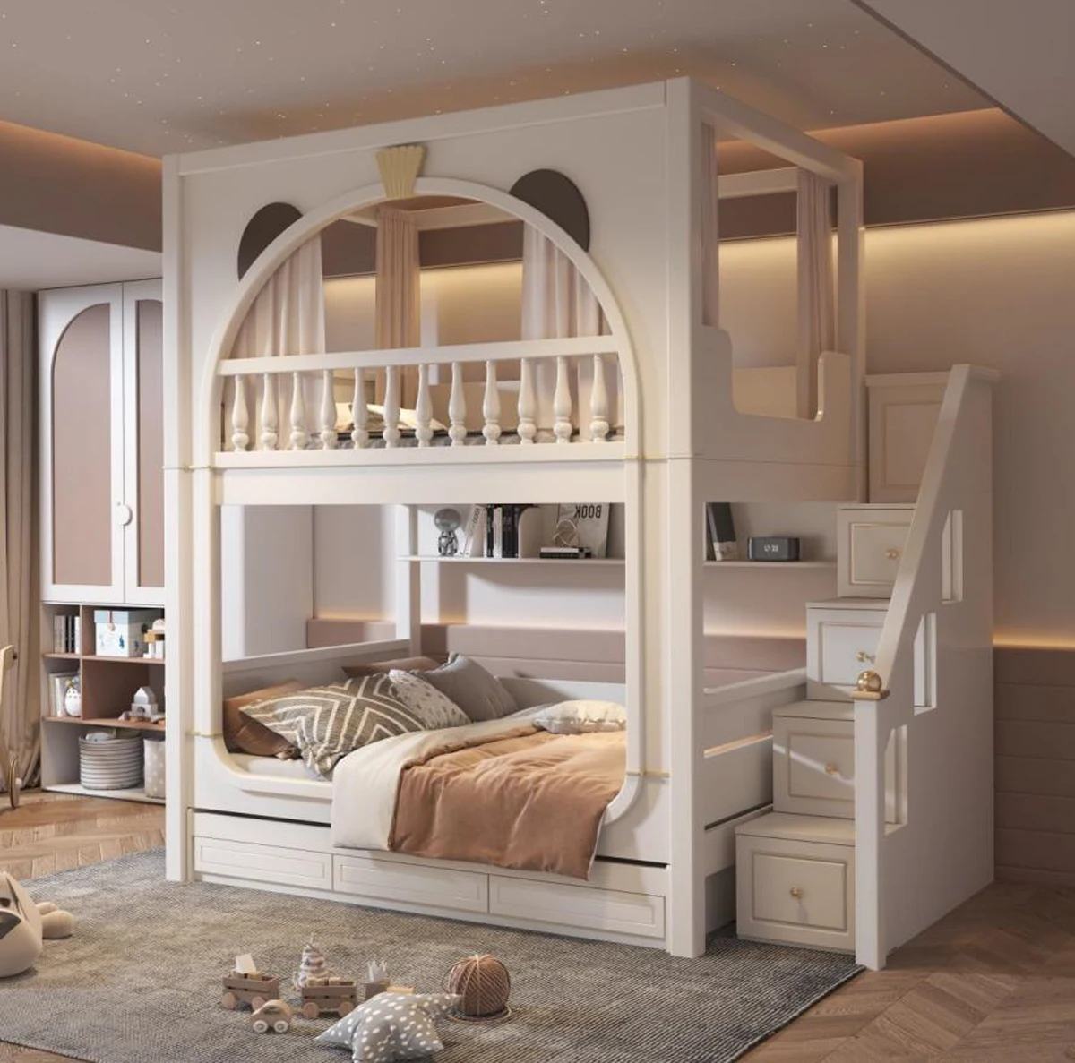Modern Pink Loft Bunk Bed for Girls with Slide & Storage - Stylish Kids ...
