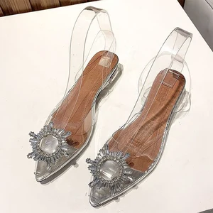 Wholesale Big Size PVC Transparent Crystal Heel Flat Ladies Clear Slides Low Heel Sandals for Women and Ladies Wedding Shoes