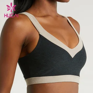 HUCAI Custom logo New Gym Top Fitness Color Contrast Stitching Topline Open Back v Neck Yoga Sports Bra for Women