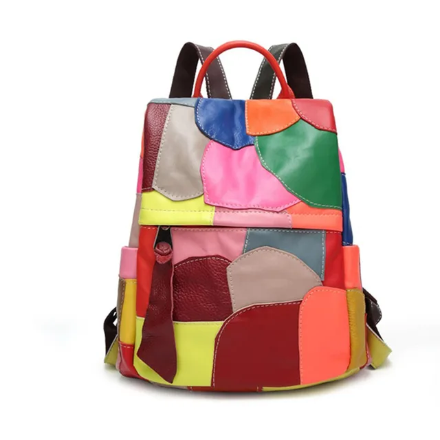 Women's Casual Sheepskin Backpack - Stylish Genuine Leather Patchwork Bag, Handheld/Shoulder Multi-Function Travel Backpack