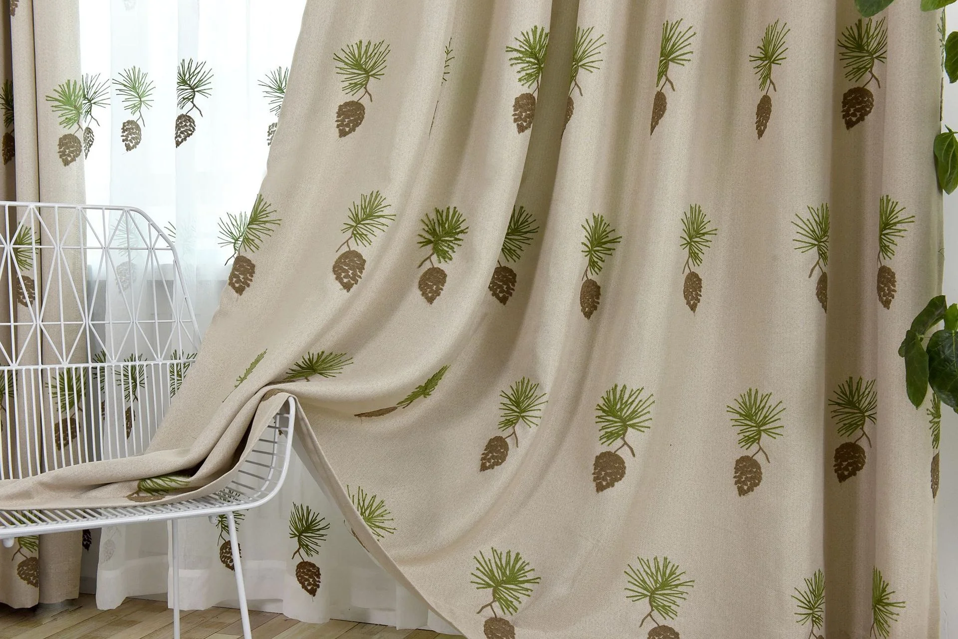 High Quality Embroidered Curtain Polyester Linen Pine Cones Embroidered Decorative Curtains for the Living Room