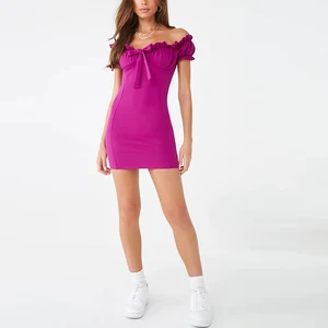 Women's Summer Fitted Bodice Off-shoulder Elastic Shrinking Top Frill Trim Sexy Slim Mini Dress