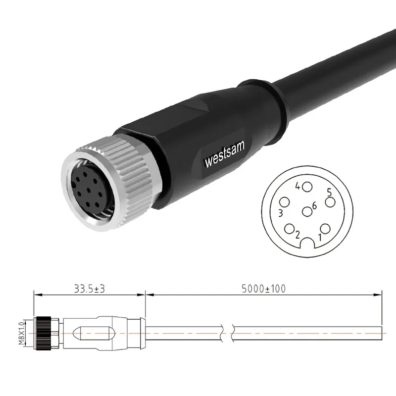 M8 Code IP68 Waterproof Brass Nickel Plated Solder -shielded 2A Gold Plated Contacts Welding Cable Connector 6 Pin Female Plug