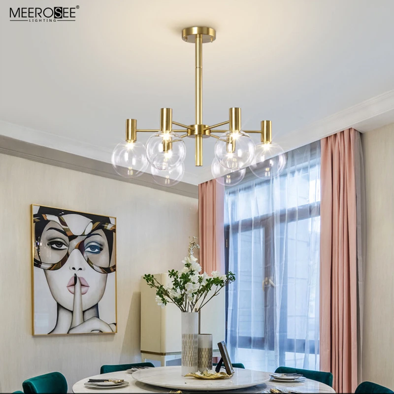 Meerosee Modern Brass Chandelier and Hanging Lamps Glass Globe Shade Chandelier Luxury Modern MD86771