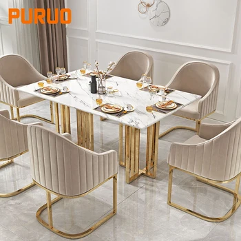 PURUO italian dinner base glass top decoration rectangular gold stainless steel marble dining table