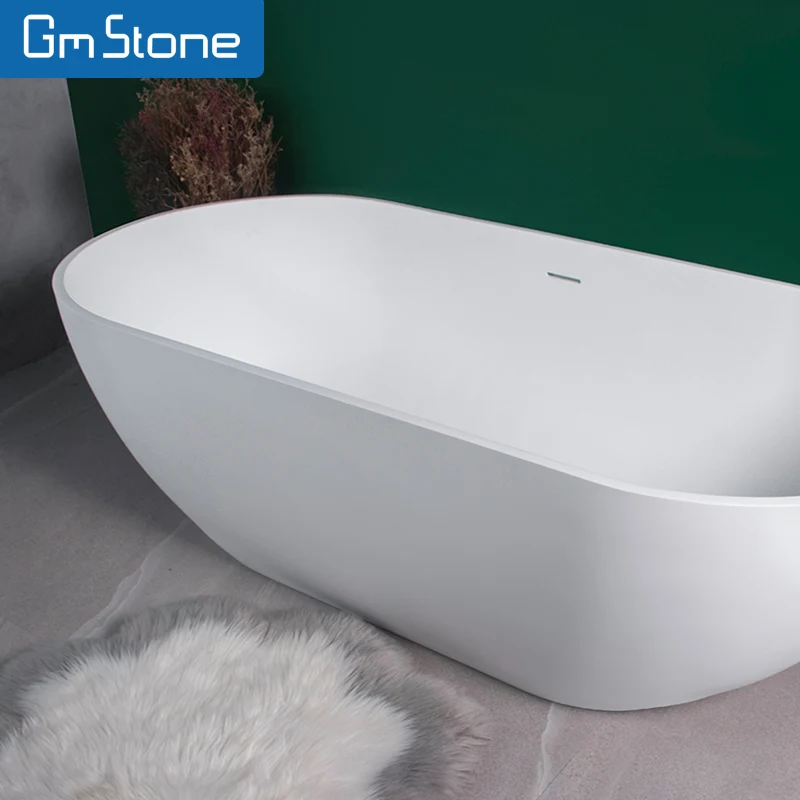 GM Luxury 1.5m White Oval Resin Artificial Stone Freestanding Bathtub Modern Romantic Design with Overflow for Hotel Soaking