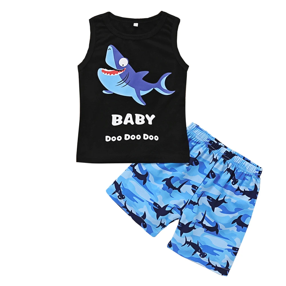 Baby Boy Girl Clothes Shark and Doo Doo Print Summer Cotton Sleeveless Outfits Set Tops and Short Pants 