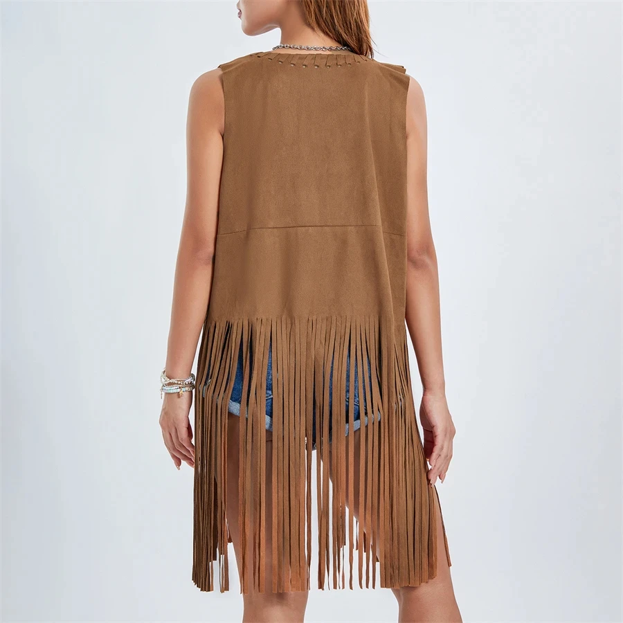Gilet con frange medievali gilet in pelle scamosciata da donna nappe Vintage Western Country Cowgirl gilet Cardigan gilet Cosplay