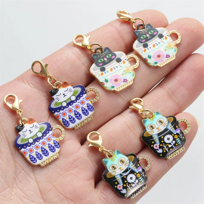 DIY Alloy Enamel Cartoon Teacup Cat Charms Pendants for Jewelry Making With  Lobster Clasp Handmade Keychain Jewelry Accessories