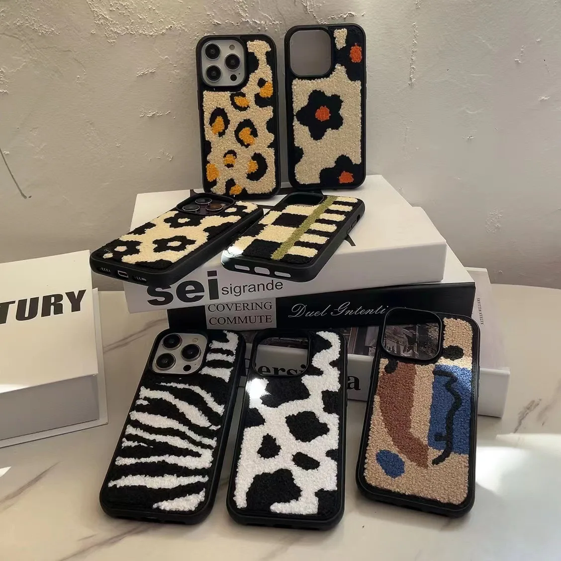 Leopard Print Phone Case Zebra Stripe Furry Embroidery Mobile Phone Case For iPhone 11 12 13 14 15 16 Pro Max Plus