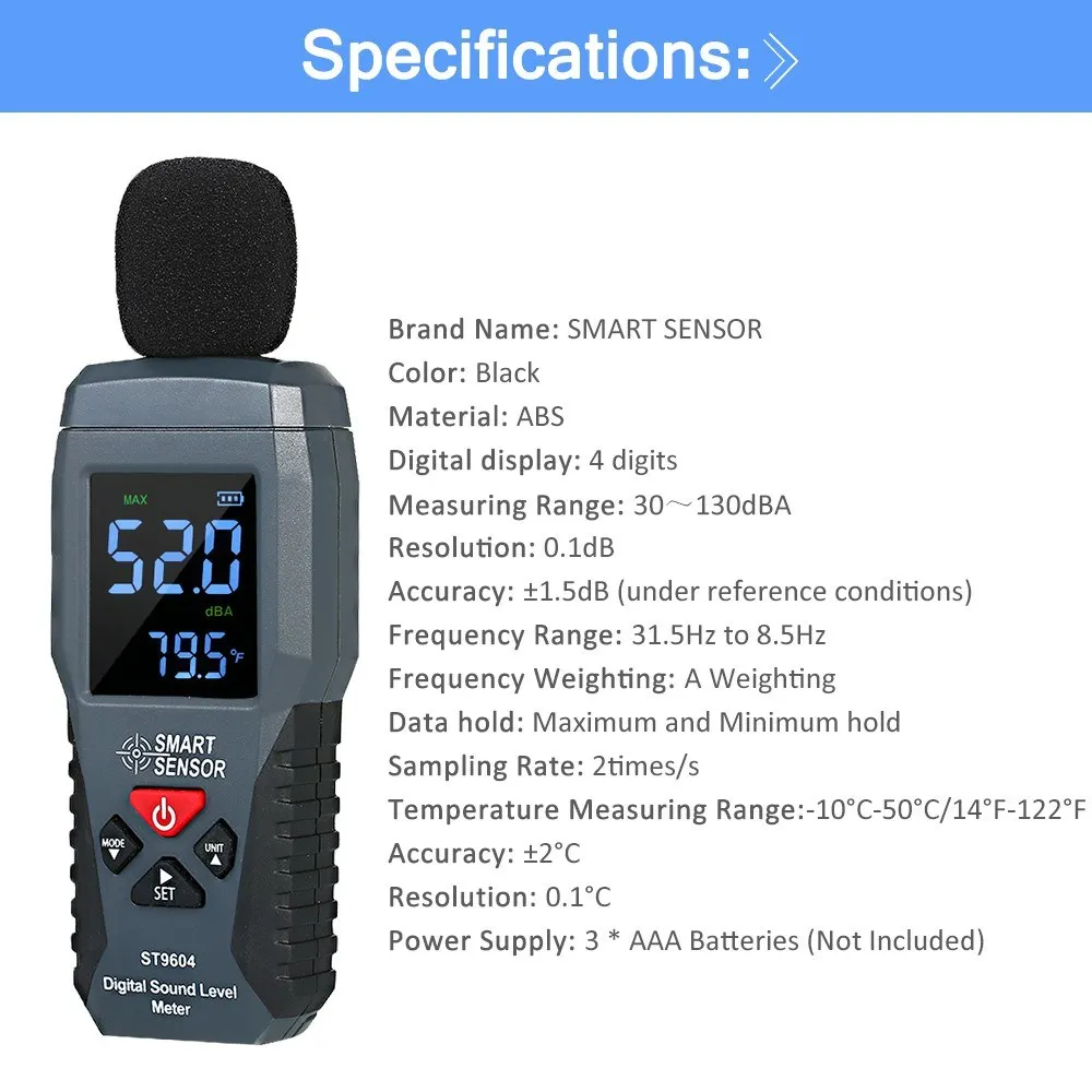 Sonomètre numérique LCD DB mètres 30-130dBA outil de mesure du bruit  testeur de surveillance des décibels avec mode Max/Min/Data Hold 