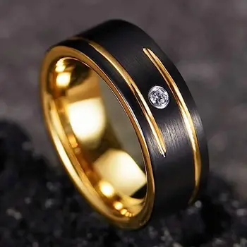 Luxury Fashion Black Tungsten and Gold Mens Wedding Rings Black Diamond Ring