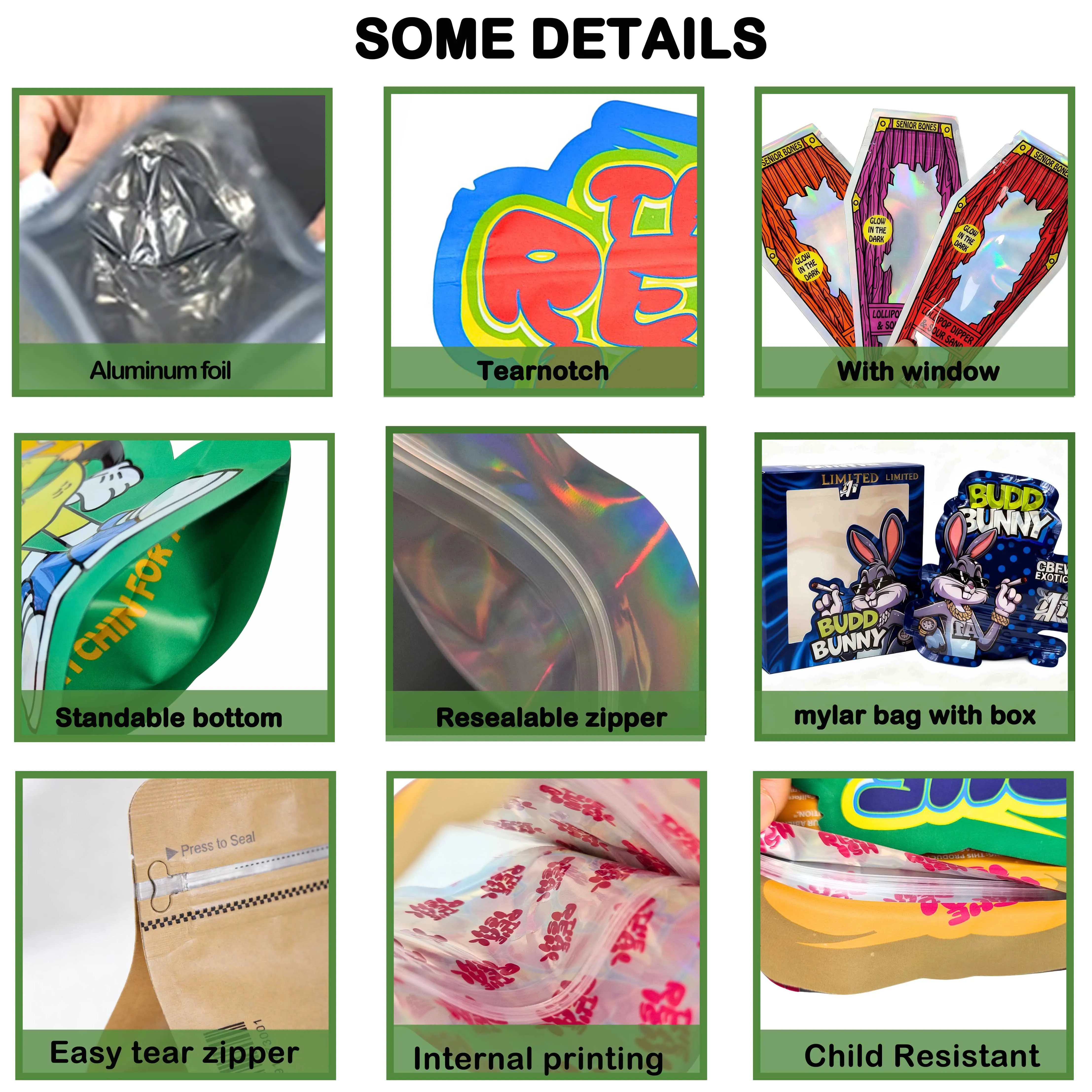 Custom Printed Mylar Bags With Box Full Set 3.5g 7g 14g Holographic Die Cut Smell Proof Resealable Edible Packaging