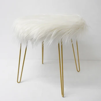 Living Room Furnitures Modern European Style Round Footstool White Faux Fur Ottoman Stool with Golden Legs
