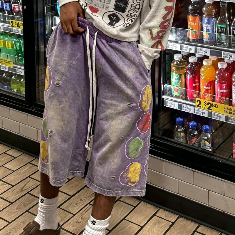 Custom LOGO Acid Washed 100%Cotton 3/4 Extend Long Shorts Running Vintage Distressed Print Plus Size Baggy Sweat Shorts for Men gallery 3
