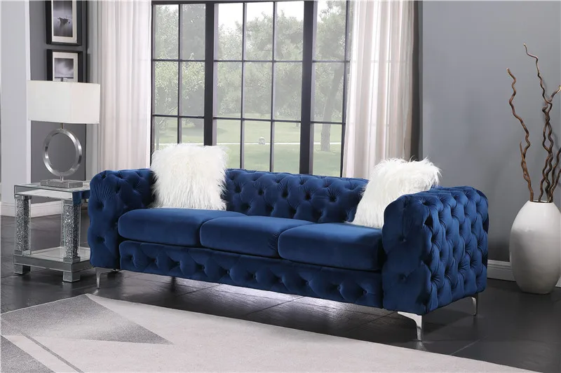 chesterfield sofa velvet fabric  blue 2 seat