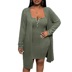 Customize Elegant Fashion Two-Piece Set Autumn New Plus Size Casual Style Solid Pattern Short Knit Cardigan Dress Daily Wear