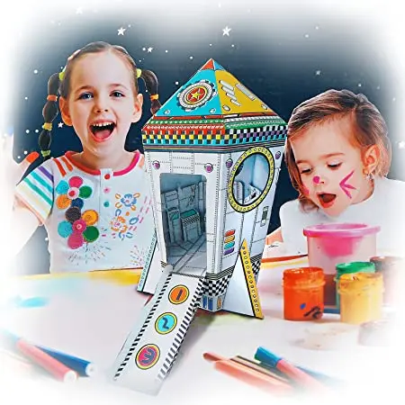 Mini Rocket Ship Cardboard Playhouse for Kids to Color  Create Your Own Indoor Fort, Life Size, Foldable for Easy Storage