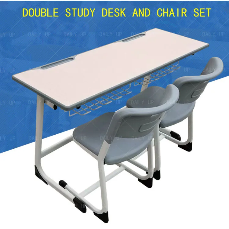 Sled Double Study Desk And Chair Set With Large Drawer Metal Frame Ergonomic Student Chair For Classroom Reading Room