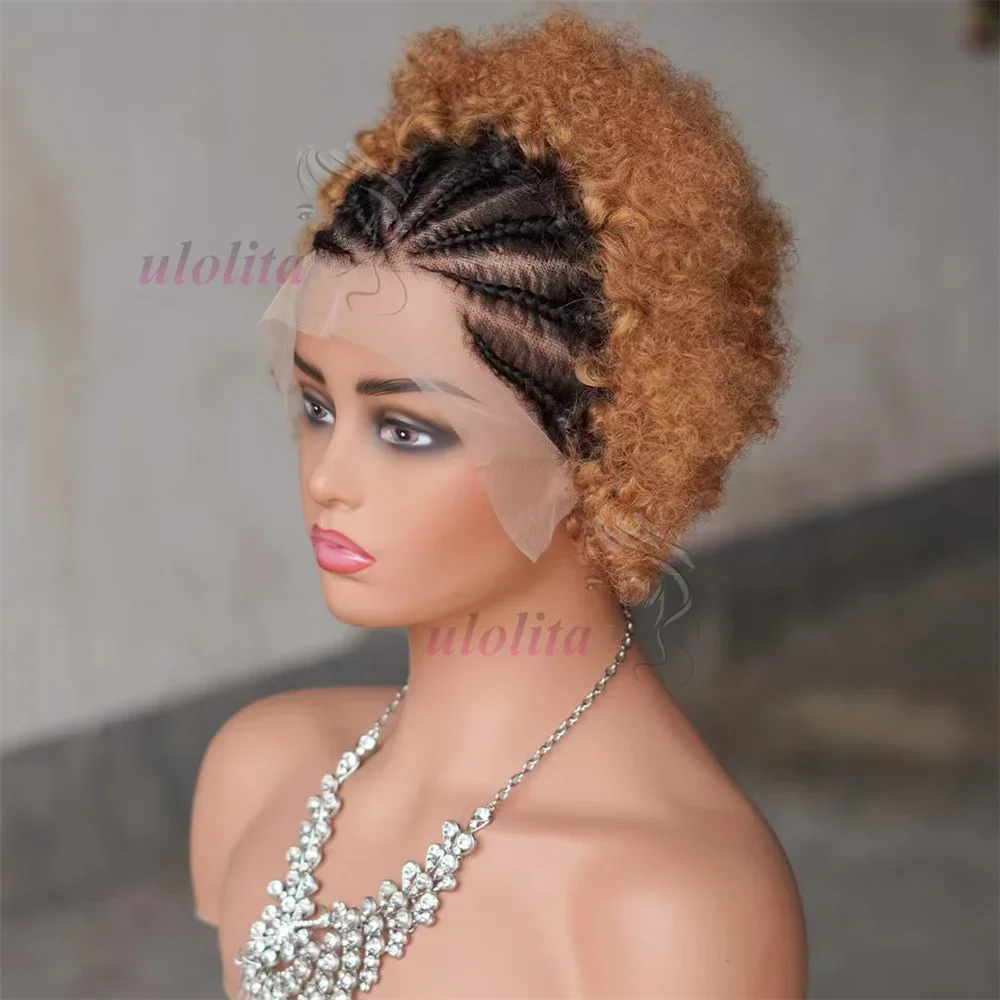 13x4 Lace Frontal Afro Krøllet Paryk 100% Brasiliansk Remy Hår 6 Ombre Highlights Bouncy Krøllet Paryk Ægte Hår Parykker med Fletninger_voghion.com