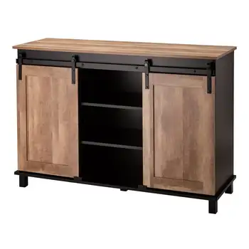 Modern Industrial Black Large Sideboard with Natural Top and Sliding Doors Wine Cabinet