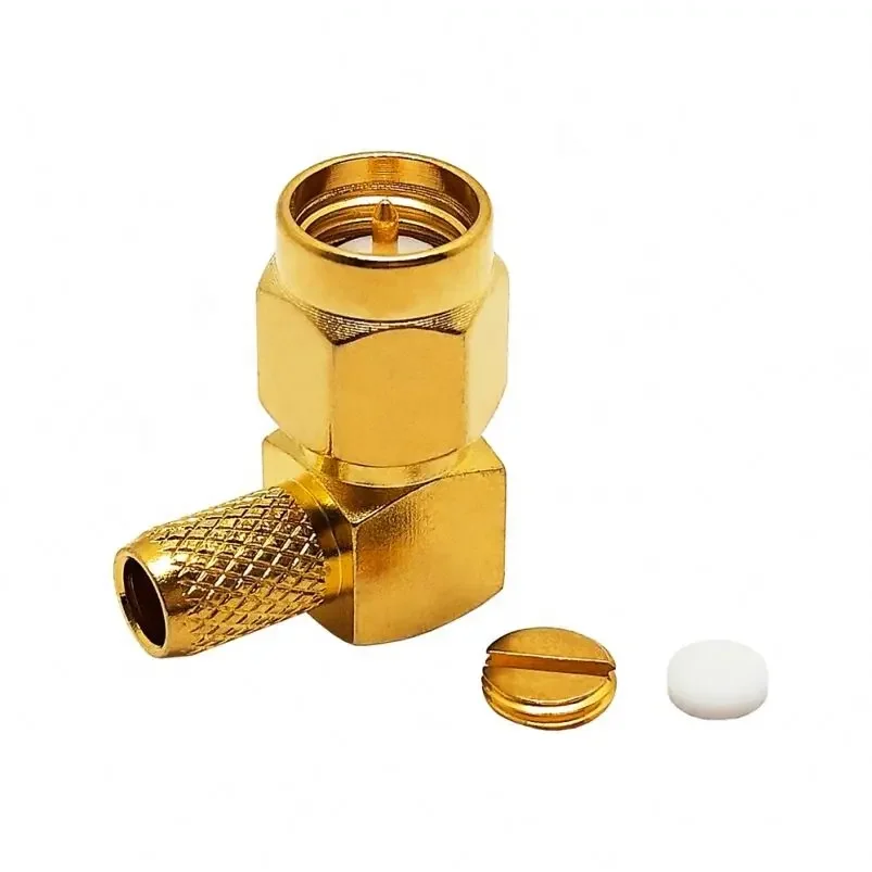 Gold Plated Brass SMA Male Plug Crimp Right Angle 90deg RA for LMR195 RG58 RG223 RG142 Coaxial Coax Pigtail Extension Cable