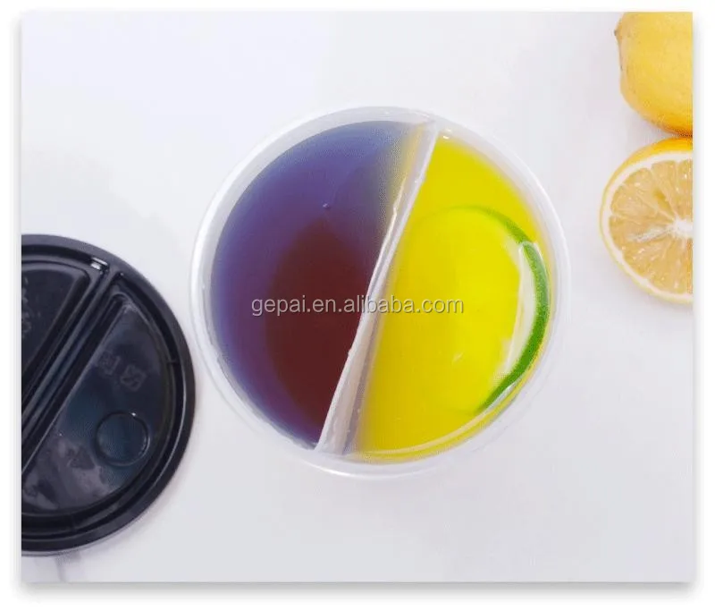 Disposable Split Twin Plastic Cup with Double Lid for Serving Two Different Drinks at Parties