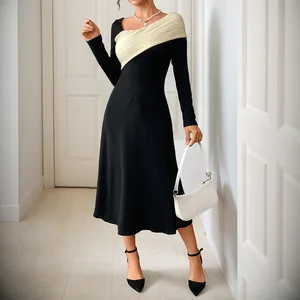 2025 New Cross-border Versatile, Sexy and Elegant, Large-swing Irregular V-neck Color-blocked Dress