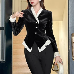 ZYHT 35239 Women's Elegant Black Velvet Blazer with White Ruffled Trim Peplum Hem & Long Puff Sleeves Chic Formal Jacket