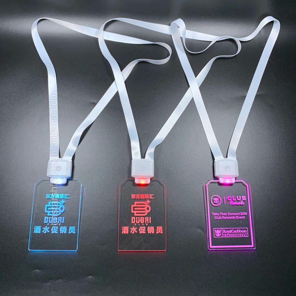Factory OEM Laser Engraved LOGO Customized Shape Colorful Light up Acrylic ID Card Holder LED Lanyard