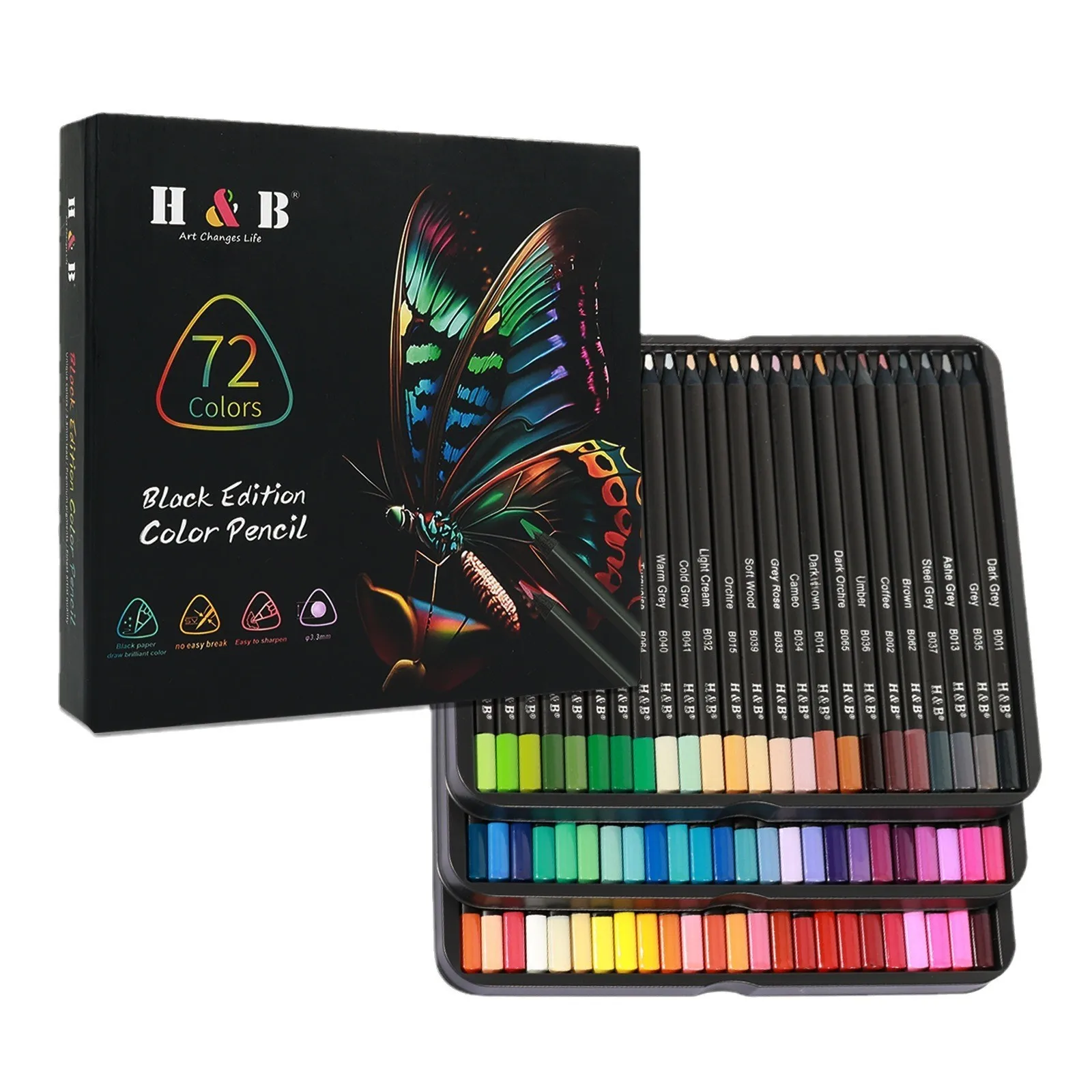 Schwarzes Set ölbasierter Buntstifte aus Holz, dreieckiger Schaft, 24/72/120 Farben, professionelle Zeichenstifte für Künstler_voghion.com