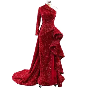 Customize Red One Shoulder Sequined Mermaid Natural Sweep Evening Party Dresses for HM67056 Classic Wedding Gowns for Women