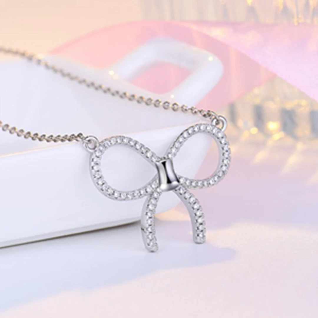 Fashion 925 sterling silver bow-knot necklace and earrings jewelry set for women