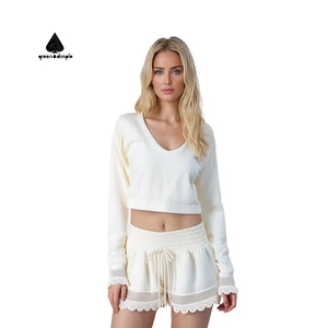 Long Sleeve Crop Shorts Set Loose Comfort Lace Trim Design Womens Outdoor Yoga Sport Casual Outfits Top and Short Pant Set