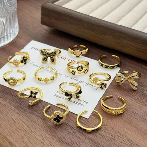 MW Trendy New Stainless Steel butterfly Gold Plated Black Four Leaf Clover Adjustable Rings Black-themed Butterfly Knot Ring