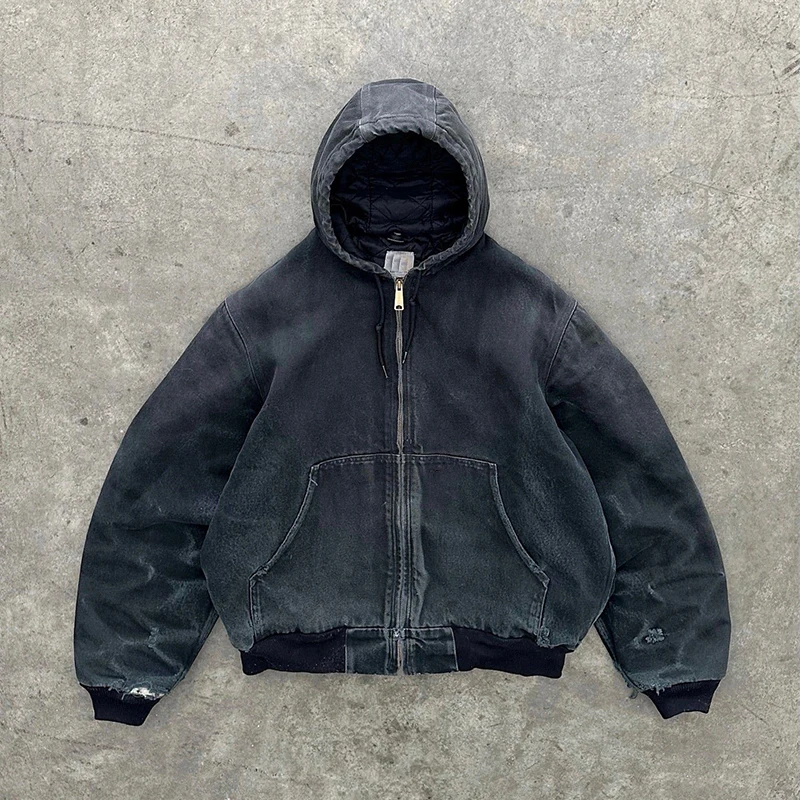Custom High Quality Acid Washed Oversized Distressed Sweatshirt Drawstring Hoodie Hooded Zip up Denim Sun Faded Jacket Hoodie