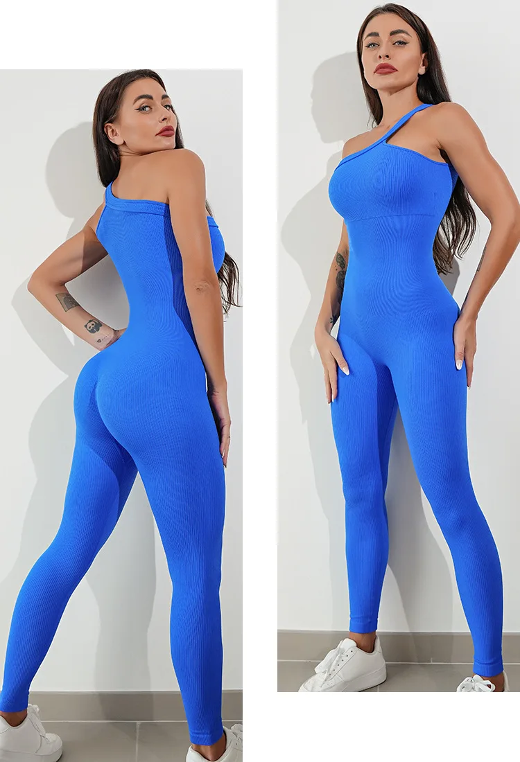 Women Bodysuit Gym Romper One Shoulder Sports Seamless Ribbed One Piece