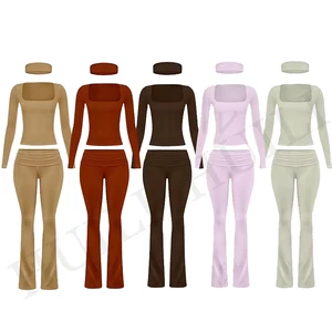 Custom 2 Piece Loungewear Set Matching Headband Women T-Shirt High Waist Foldover Flare Pants Two Piece Lounge Wear Women's Sets