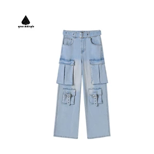 Women Light Blue Washed Cargo Jeans Wide Leg Multiple Buckle Pockets Design Denim Casual Street Style Distressed Jeans