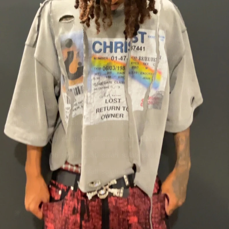 Salati Custom Streetwear Panel T Shirt Tee Overlapping Seam Uneven Cut and Sew Cotton Screen Print Oversized Cropped T-shirt Men gallery 11