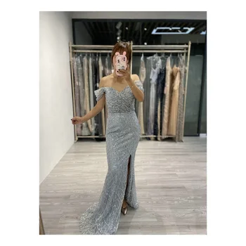 Fitted Prom Dresses Mermaid Evening Party Dresses with Slit for Sexy Shiny Sweetheart Tulle Off The Shoulder Sequin Women Empire